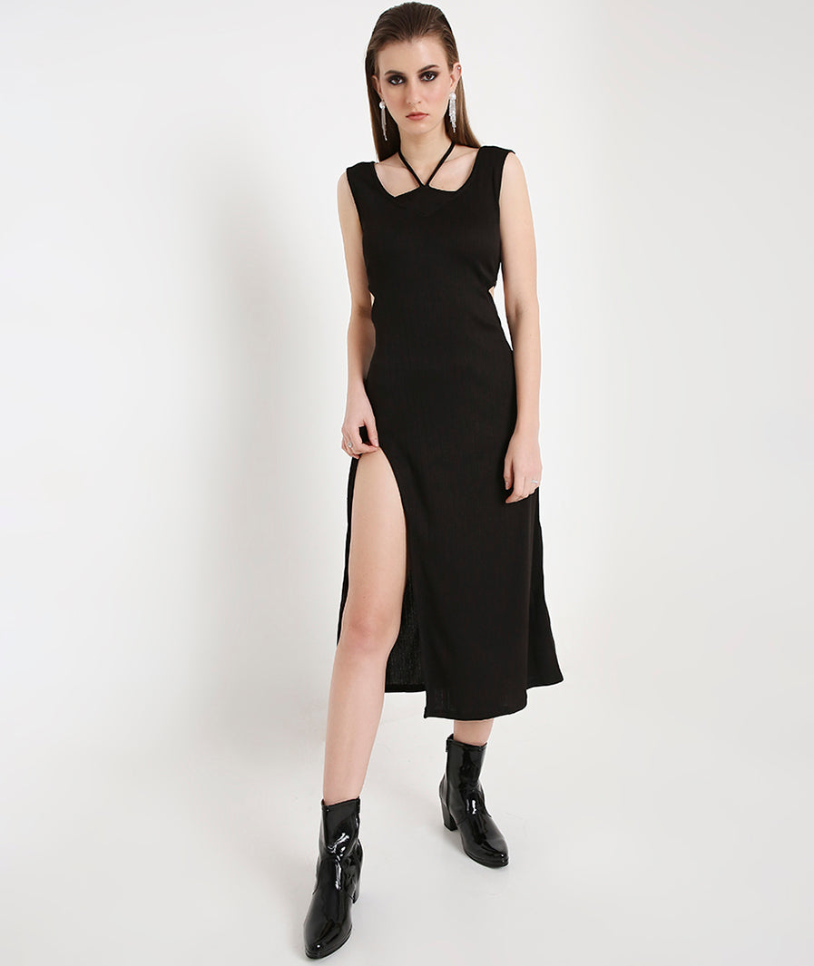 Black Cocktail Long Slit Knit Dress with Side Key Holes